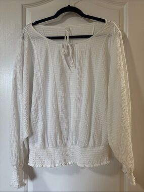 Anthropologie White Long-Sleeve Textured Peasant Blouse